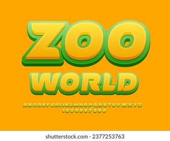 Volante brillante vectorial Zoo World. Fuente fresca amarilla y verde. Letras y números alfabéticos artísticos