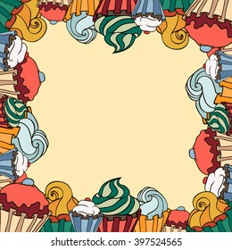 Vector bright frame cute cupcakes