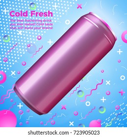 Vector bright fresh drink advertisement with abstract memphis style radiant geometric shapes.