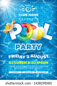 Vector bright and fun advertising poster template for pool party. Colorful swimming ring, beach ball and letters float on crystal clean water with sunny highlights. Pool tile texture on background.