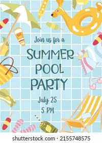 Vector bright and fun advertising poster template for pool party. Colorful swimming ring, beach ball and letters float on crystal clean water with sunny highlights. Pool tile texture on background.