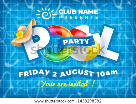 Vector bright and fun advertising poster template for pool party. Colorful swimming ring, beach ball and letters float on crystal clean water with sunny highlights. Pool tile texture on background.