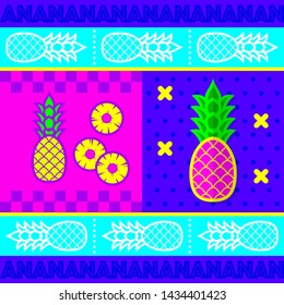 Vector bright fun colorful illustration with pineapple icons of different colors and sizes