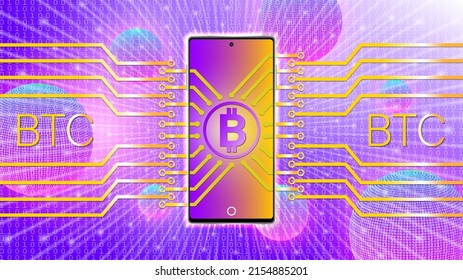 Vector bright futuristic financial poster. Bitcoin symbol on the screen of a modern smartphone. Stylistic large microcircuit