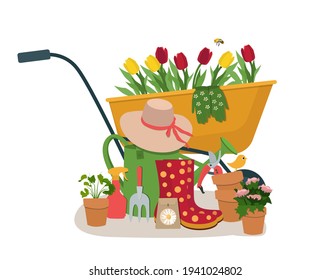 Vector bright garden banner with tools, flowers, seeds, rubber boots, watering can, garden cart and hat.  The concept of gardening and floriculture, illustration on a white background.