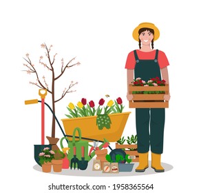 Pancarta de jardín brillante vectorial con herramientas, flores, semillas, plántulas, lata de riego, carrito de jardín y niña agricultora.  El concepto de agricultura, floricultura, paisajismo. Ilustraciones planas del vector de dibujos animados.