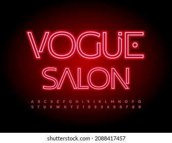 Vector bright glamour banner Vogue Salon with Red Neon Font. Elegant electric light Alphabet Letters and Numbers set 