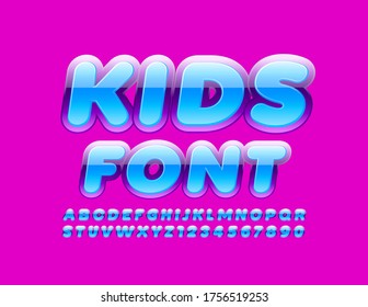 Vector brillante brillante Kids Font. Letras y números de alfabeto azul y violeta modernos
