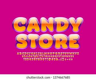 Vector bright glossy logo Candy Store with funny Alphabet. Colorful Kids Font. Set of Letters, Numbers and Symbols