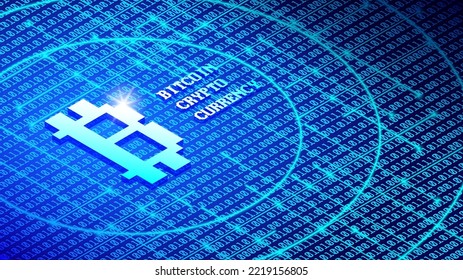 Vector bright glowing 3d bitcoin cryptocurrency symbol on the background of cyan numbers, glowing circles and rays. Futuristic volumetric high-tech poster