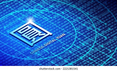Vector bright glowing 3D Chinese digital yuan symbol, hieroglyph in traditional writing on a background of blue numbers, circles and rays. Futuristic volumetric hi tech poster