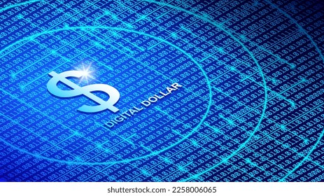 Vector bright glowing 3D digital dollar symbol on a background of blue numbers, circles and rays. Futuristic volumetric high tech american poster