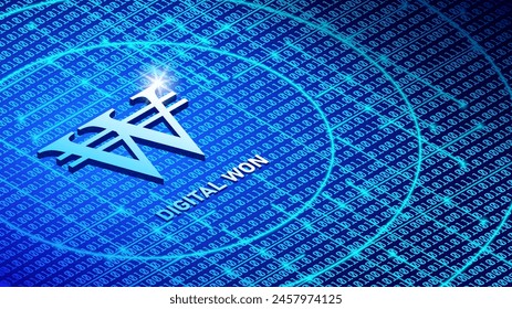 Vector bright glowing 3D South Korean digital won symbol on a background of blue numbers, circles and rays. Futuristic volumetric high tech poster.