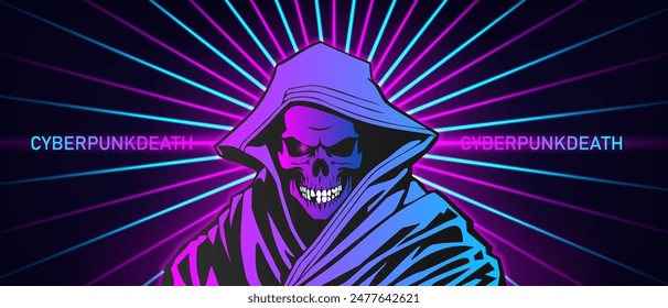 Vector bright glowing brutal death in hood. Human skull with white teeth. Cyberpunk colors. Cyan pink laser beams.