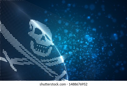 Vector bright glowing country flag of abstract dots. pirate skull and bones