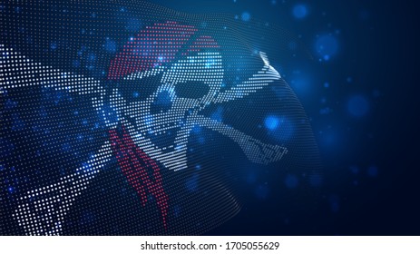 Vector bright glowing country flag of abstract dots. pirate skull and bones