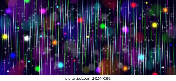 Banner amplio de estrella radiante festiva brillante vectorial brillante. Efecto Bokeh. Volante abstracto futurista. Vigas láser y chispas brillantes. Fuegos artificiales de noche.