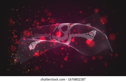 Vector bright glowing flag of abstract dots, pirate skull and bones 