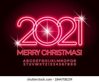 Vector bright glowing greeting card Merry Christmas 2021! Red Neon Font. Electric Alphabet Letters and Number set