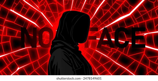 Vector bright glowing red poster. A man without a face in a black hoodie. Fire background broken into pieces. Legend of death. Otherworldly mysticism.