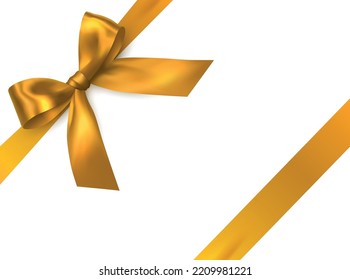 Vector bright gold shiny ribbon with decorative bow on white background - invitation, gift wrapping or card design