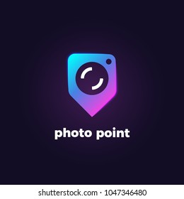 Vector bright gradient logotype of navigation pin with camera. Concept of place for photography. Camera logo.