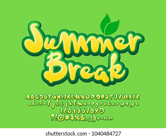 Vector bright Green banner Summer Break with leaves. Set of cute Fresh Alphabet Letters, Numbers and Symbols