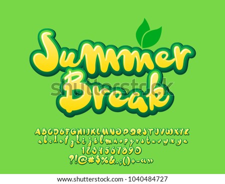 Vector bright Green banner Summer Break with leaves. Set of cute Fresh Alphabet Letters, Numbers and Symbols