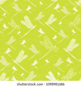 Vector Bright Green Dragonfly , Repeating Seamless Pattern Background, Delightful Illustration of Flying Dragonflies, Texture Insects Animal for Fabric, Scrapbooking, Home Decor & Web Stationery