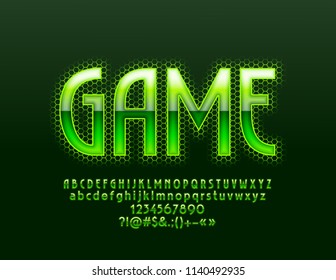 Vector Bright Green Logo Game. Neon color Font. Glowing hi-tech Alphabet Letters, Numbers and Symbols for Technology, Industry and Entertainment