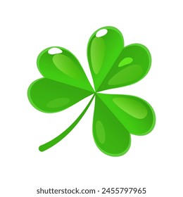 Vector bright green lucky clover with four leafs and sparkles for St. Patricks Day isolated on white background.