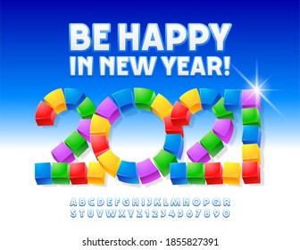 Vector bright greeting card Be Happy in New Year with colorful Decoration. Blue and White trendy Font. Modern Alphabet Letters and Numbers set