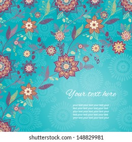 Vector bright greeting card with flowers and leaves. You can place your text near the flowers. Design template.