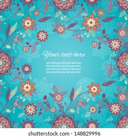 Vector bright greeting card with flowers and leaves. You can place your text near the flowers. Seamless floral background. Design template.