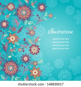 Vector bright greeting card with flowers and leaves. You can place your text near the flowers. Seamless floral border. Design template.