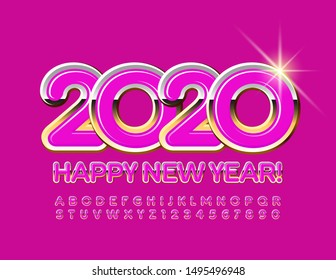 Vector bright Greeting Card Happy New Year 2020. Glossy Alphabet Letters and Numbers. Chic Rose and Golden Font. 