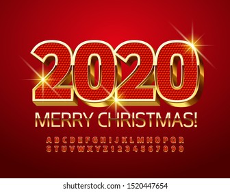 Vector bright greeting card Happy New Year 2020! Red and Gold luxury Font. Stylish Uppercase Alphabet Letters and Numbers