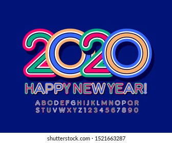 Vector bright greeting card Happy New Year 2020. Playful kids Font. Colorful Alphabet Letters and Numbers