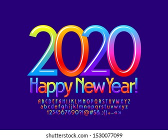 Vector bright Greeting Card Happy New Year 2020. Color gradient Font for Kids. Creative candy Alphabet Letters, Numbers and Symbols