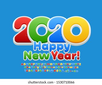 Vector bright Greeting Card Happy New Year 2020! Colorful Kids Font. Creative Alphabet Letters and Numbers. 