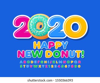 Vector bright greeting card Happy New Donut 2020! Colorful Kids Font. Creative Alphabet Letters and Numbers