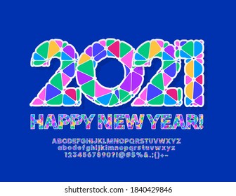 Vector bright greeting card Happy New Year 2021! Mosaic bright Font. Decorative Alphabet Letters and Numbers set