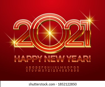 Vector bright Greeting Card Happy New Year 2021! Stylish 3D  Alphabet Letters and Numbers. Luxury Red and Golden Font. 