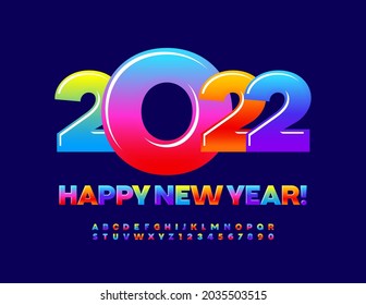 Tarjeta de saludo brillante vectorial ¡Feliz Año Nuevo 2022! Fuente de degradado colorida. Letras y números dulces de alfabeto para niños