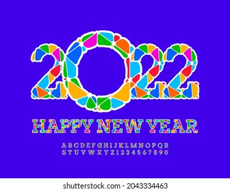 Vector bright Greeting Card Happy New Year 2022! Mosaic Alphabet Letters and Numbers set. Modern bright Font