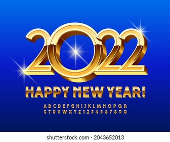 Vector Bright Greeting Card Happy New Year 2022! Elegant Golden 3D Font. Artistic Alphabet Letters and Numbers set
