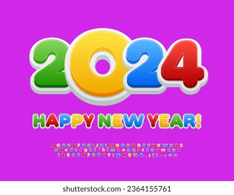 Tarjeta de saludo brillante vectorial ¡Feliz Año Nuevo 2024! Coloridas letras de alfabeto, números y símbolos. Fuente moderna y de moda
