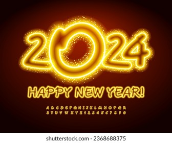 Vector bright Greeting Card Happy New Year 2024! Set of illuminated Alphabet Letters and Numbers. Sparkling Neon Font