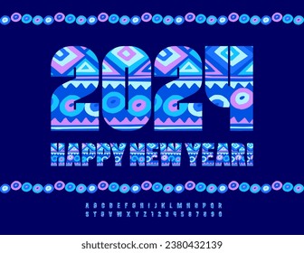 Tarjeta de saludo brillante vectorial ¡Feliz Año Nuevo 2024! Conjunto creativo de letras y números del alfabeto de Motley. Fuente de patrón azul