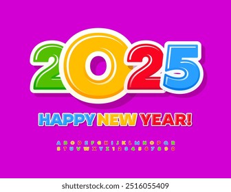Vector bright Greeting Card Happy New Year 2025! `Children Cute Font. Colorful Alphabet Letters and Numbers set